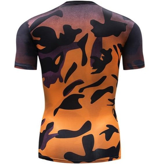 Liquid Orange Camouflage Compression Short Sleeve Rashguard
