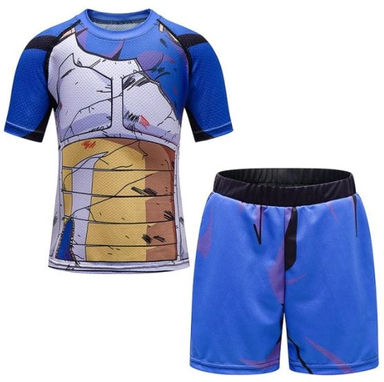 Dragon Ball Z Vegeta Battle Damaged BJJ Rash Guard Kids Short Sleeve Compression Short Set